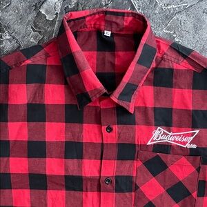 ⭐️NWOT BUDWEISER Buffalo Plaid Men's Short Sleeve Shirt Streetwear Grunge Beer